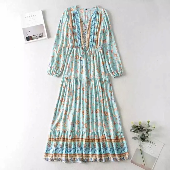 SOLD OUT Bohemian Floral Light Blue Long Sleeve Dress - Picture 3 of 13